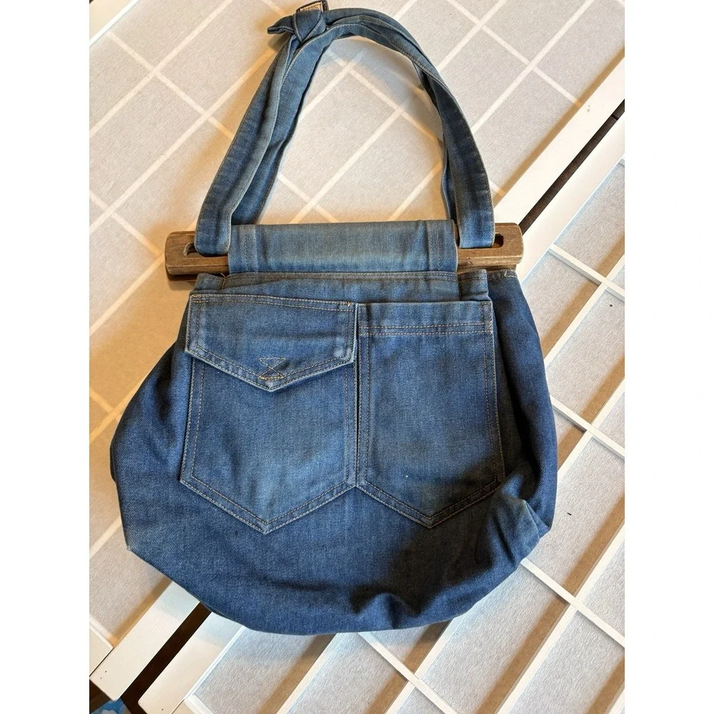 VTG 70s Handmade Denim PocketBag Wood Handle Boho Quilted Floral Lining Grandma